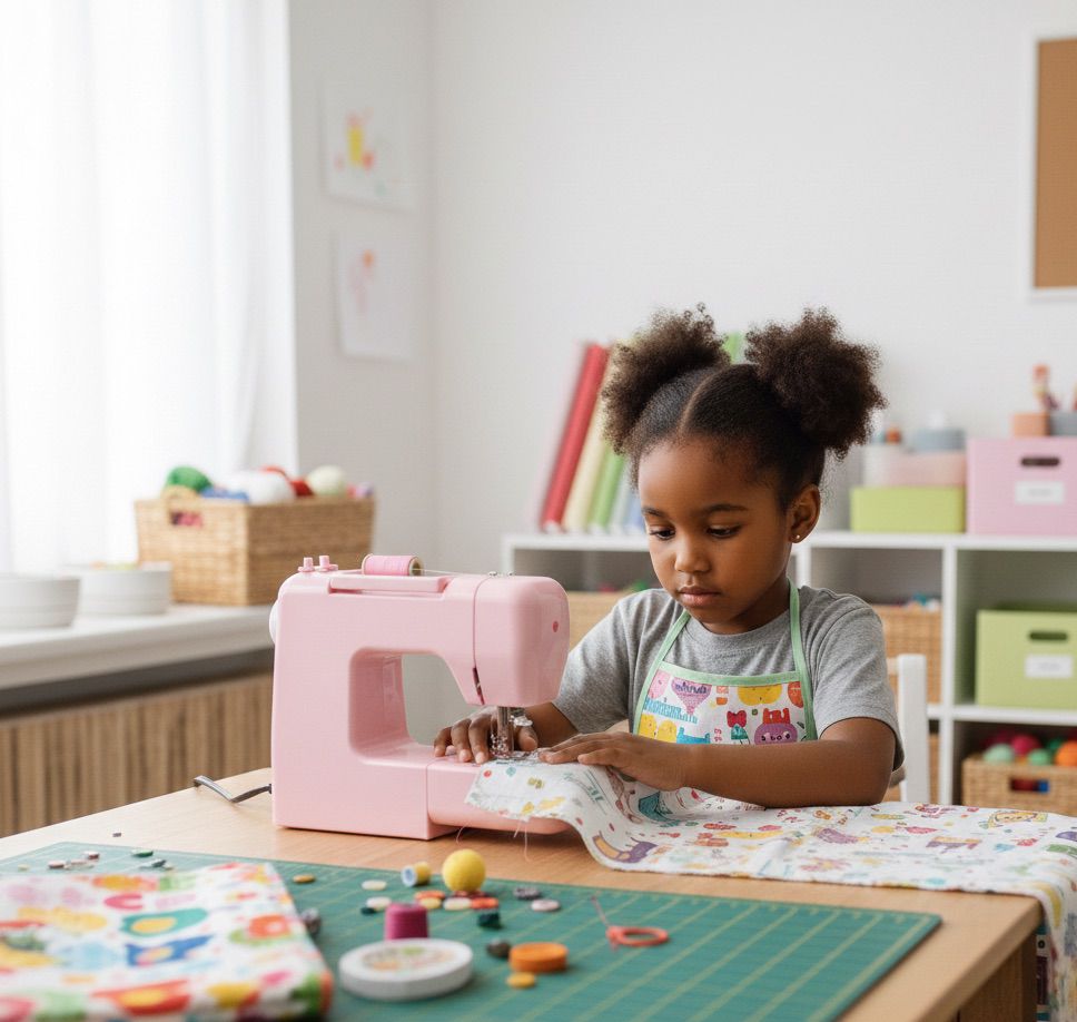 Girl using a pink sewing machine in a colourful craft room