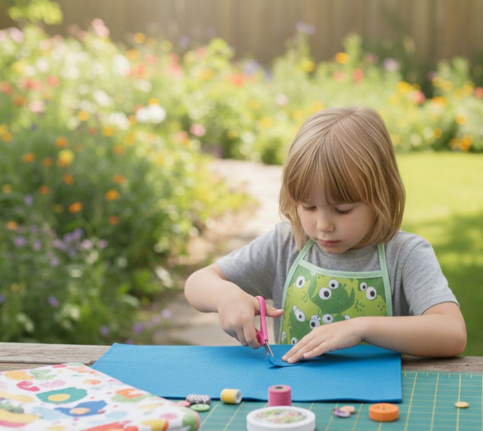 Child cutting blue fabric outdoors in a garden setting
